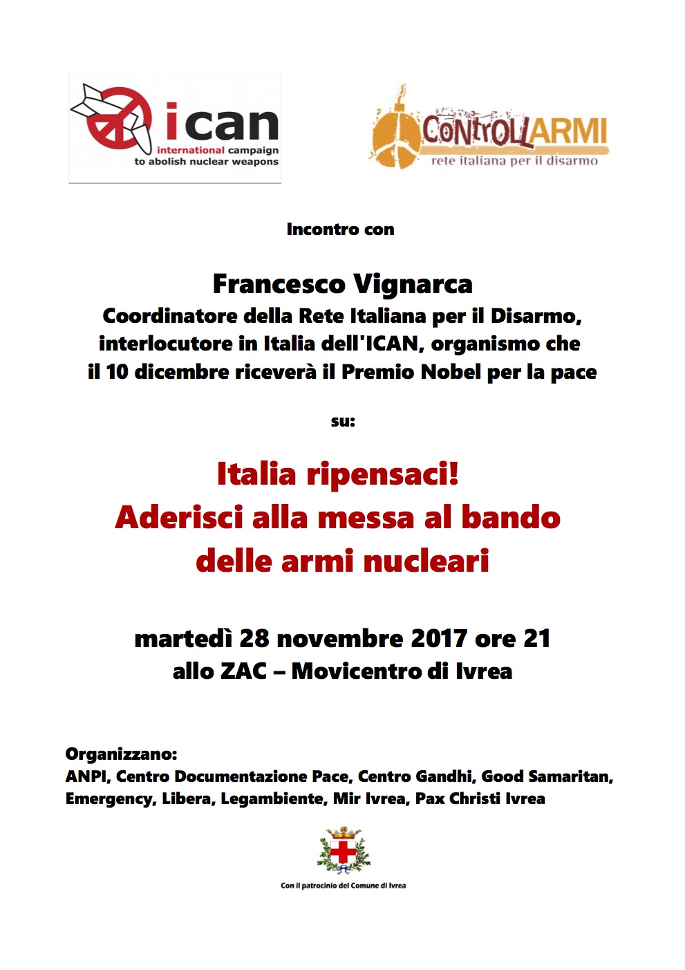 Ivrea locandina incontro con F. Vignarca