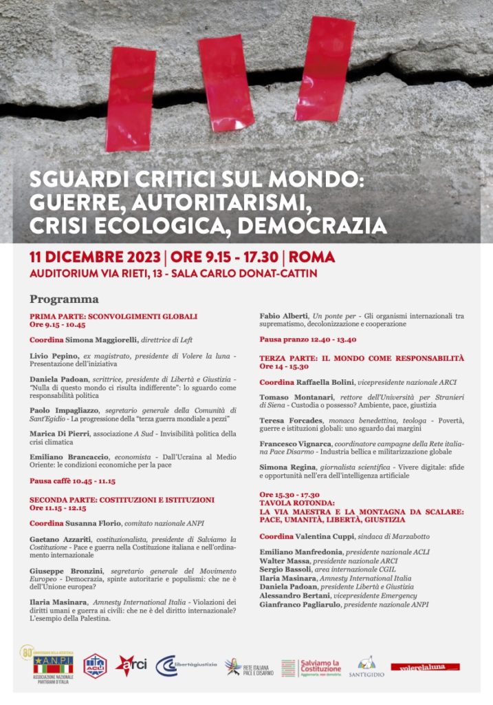 “Sguardi critici sul mondo: guerre, autoritarismi, crisi ecologica, democrazia”, a Roma l’11 dicembre